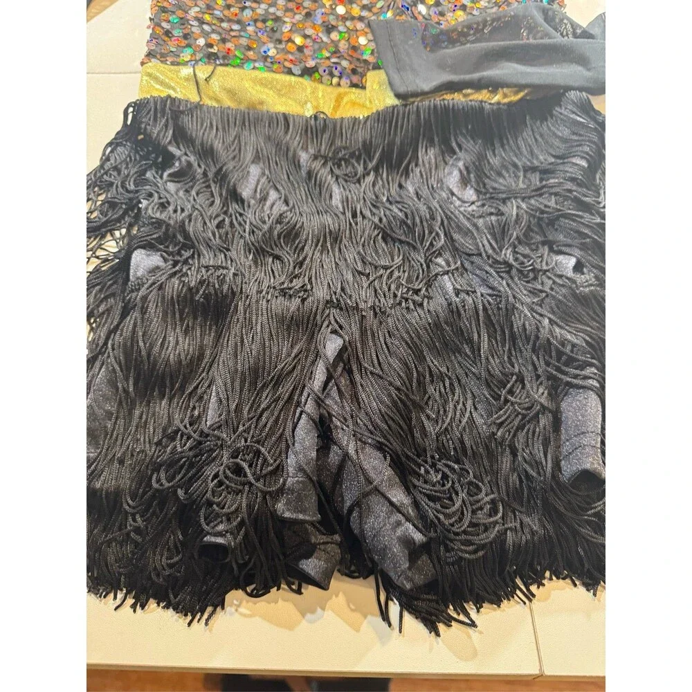 Weissman Black Gold Sequin Fringe Leotard Shorts Large Child LC